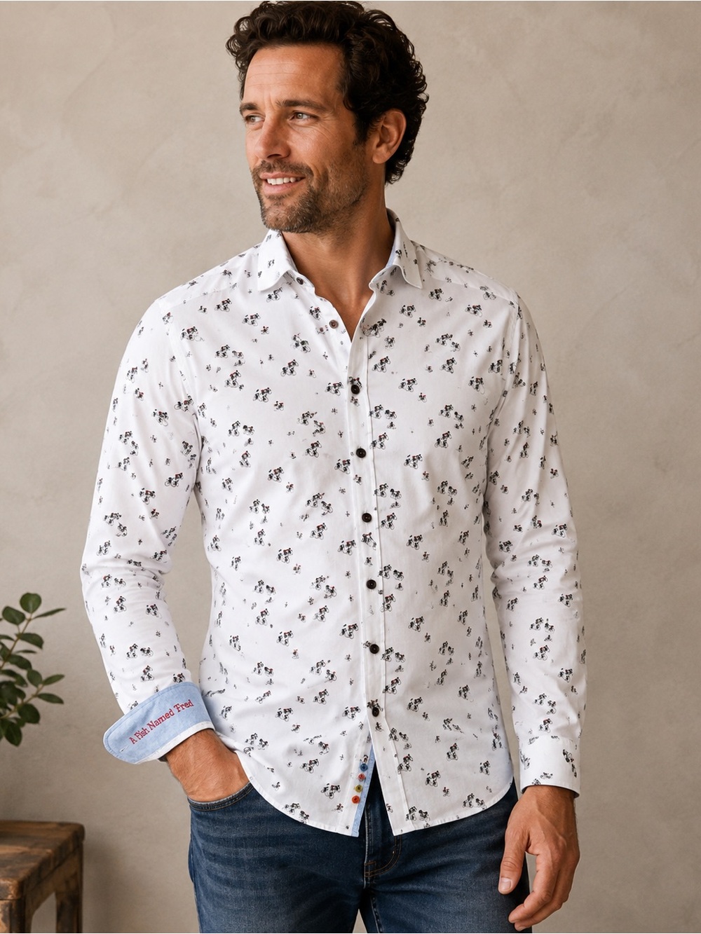A Fish Named Fred Men’s Bicycle Cycling Print Button Down Shirt White Size M
